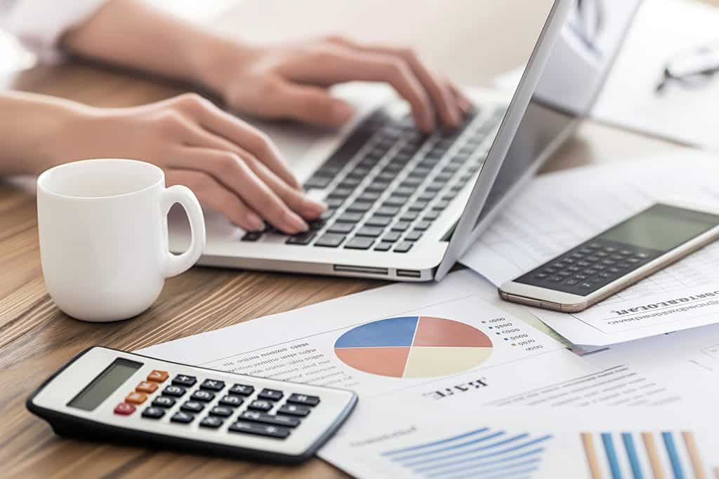 Close-up of a person’s hands typing on a silver laptop at a wooden desk with a white coffee mug, a handheld calculator, a smartphone, and printed documents showing a pie chart and bar charts.