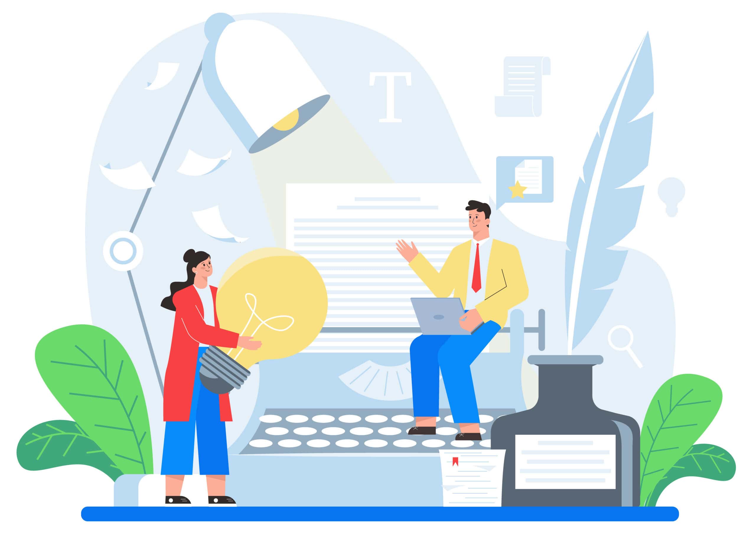 Flat illustration of copywriting with a typewriter, lightbulb, quill, and two people generating ideas