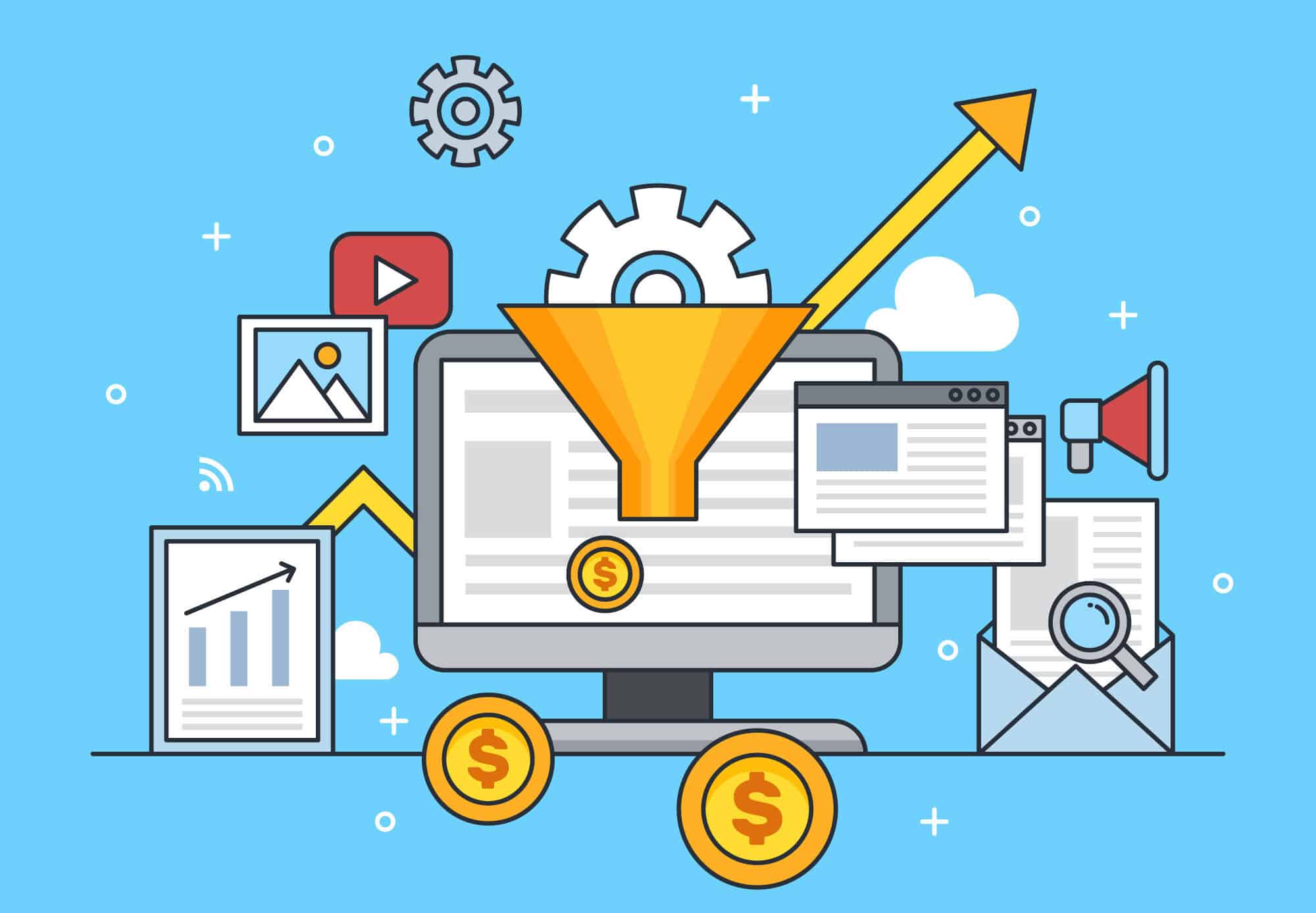 Illustration titled "Conversion Optimization" showing a funnel above a computer screen, a rising arrow, coins, and icons for charts, video, and email.