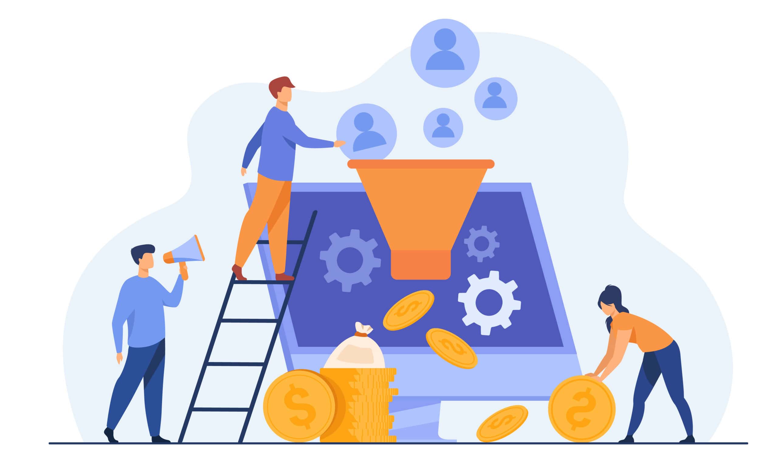 Illustration of a team building a marketing funnel with leads entering the funnel and coins coming out below.