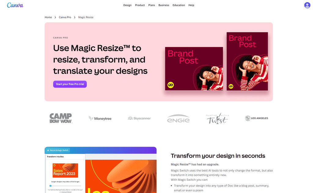 Canva Pro Freelancer Review feature page headed "Use Magic Resize to resize, transform, and translate your designs," showing two "Brand Post" graphics in square and vertical sizes, plus a "Start your free Pro trial" button.