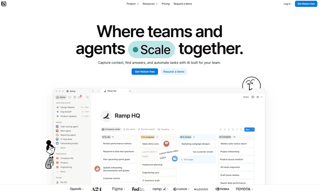 Screenshot of the Notion homepage with the tagline "Where teams and agents Scale together" above a workspace showing tasks organized into To-do, In progress, In review, and Complete columns.