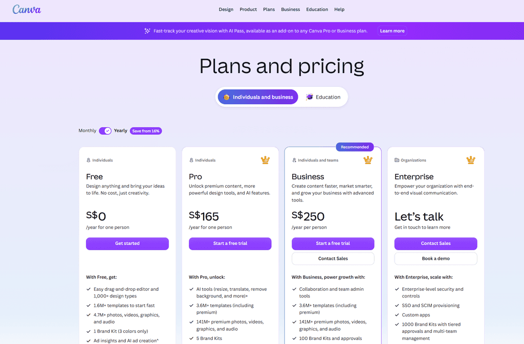 Canva plans and pricing page showing four plan cards named Free, Pro, Business, and Enterprise, with yearly prices of S$0, S$165, S$250 per person, and a "Let's talk" option, plus a monthly and yearly billing toggle.