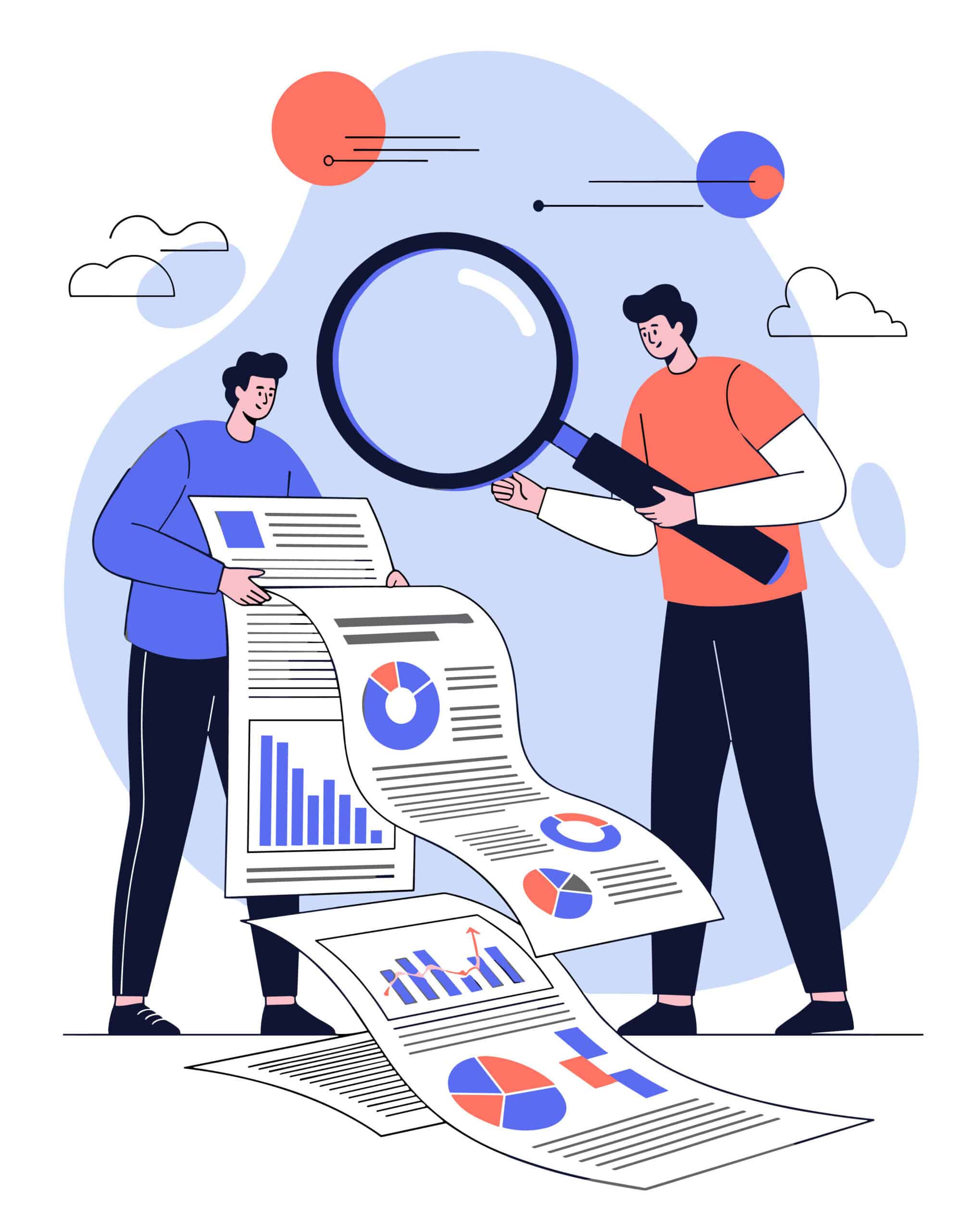 Illustration of two people examining data documents and charts with a large magnifying glass