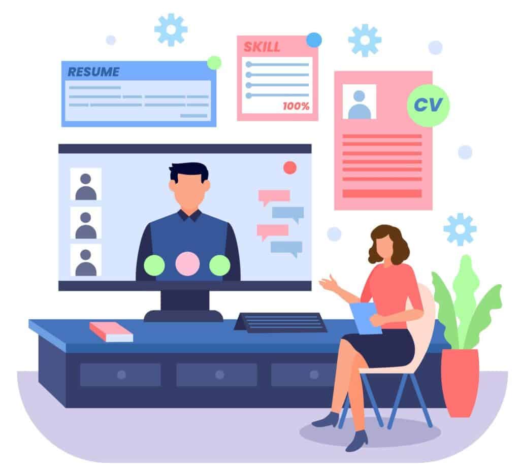 Illustration of a woman interviewing a man on a video call screen, surrounded by resume, CV, and skill rating graphics.