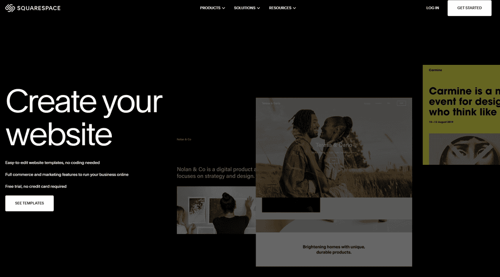 Screenshot of the Squarespace homepage with the headline "Create your website," a "See templates" button, and preview thumbnails of sample sites.
