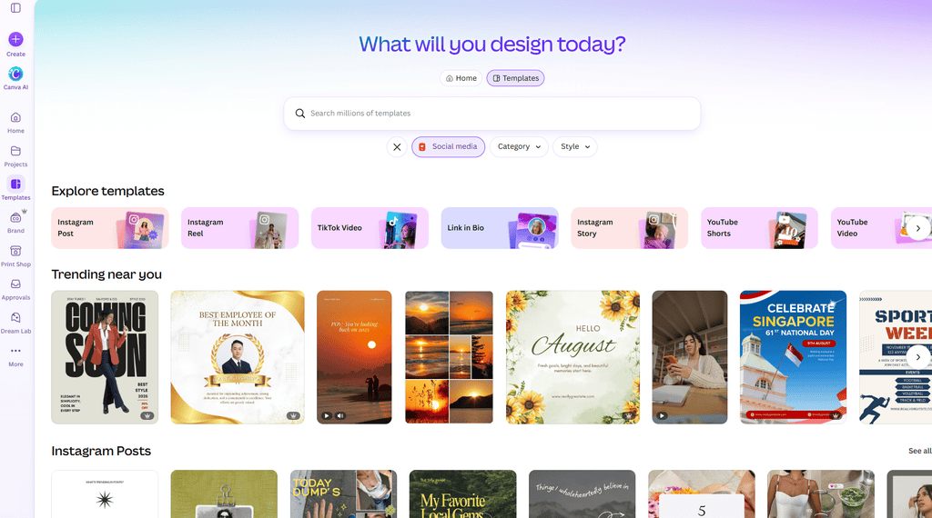 Canva template search page titled "What will you design today?" with a Social media filter and template categories including Instagram Post, Instagram Reel, TikTok Video, Link in Bio, Instagram Story, and YouTube Shorts.