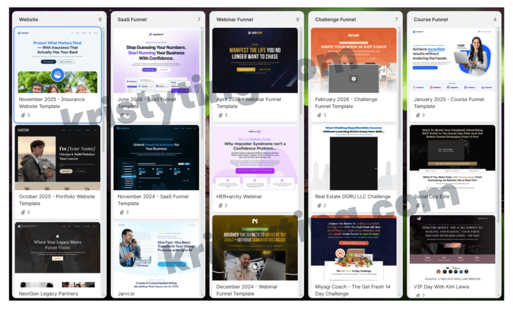 Project management board with columns for Website, SaaS Funnel, Webinar Funnel, Challenge Funnel, and Course Funnel, each holding thumbnail previews of template designs.