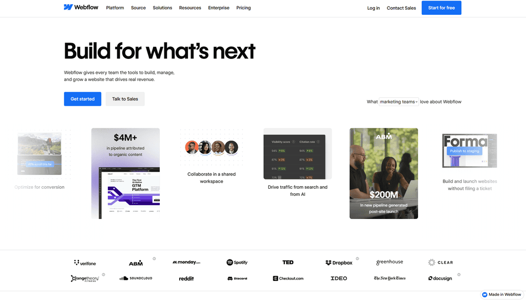 Screenshot of the Webflow homepage with the headline "Build for what's next," a "Get started" button, and client logos including Spotify, Dropbox, and Reddit.