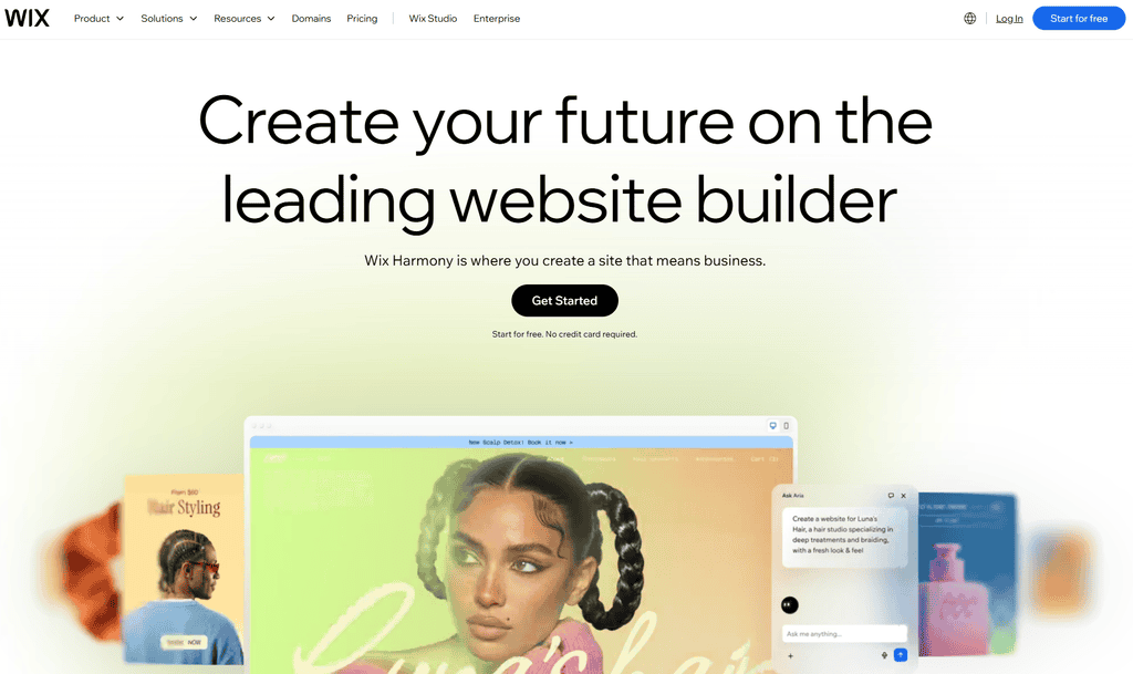 Screenshot of the Wix homepage with the headline "Create your future on the leading website builder," a "Get Started" button, and a sample hair studio website preview.