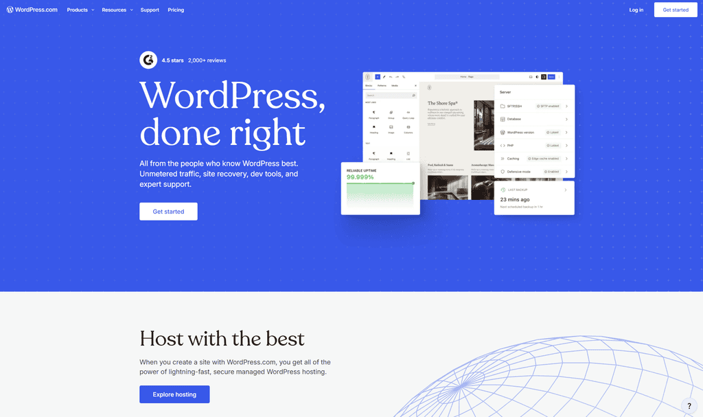 Screenshot of the WordPress.com homepage with the headline "WordPress, done right," a page editor preview, and a 99.999% uptime panel, showing one of the best portfolio websites freelancers can use for long-term growth.