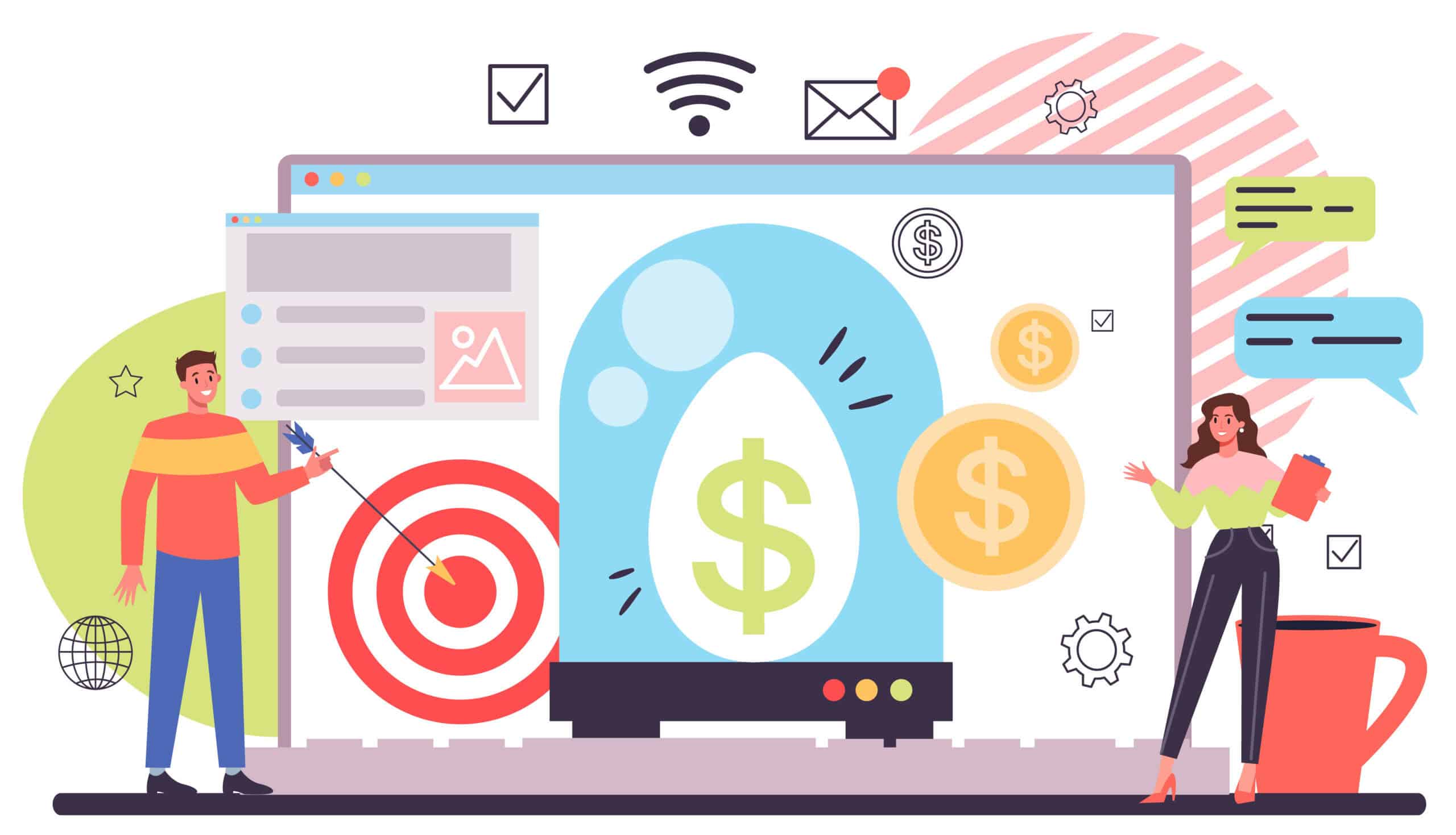 Illustration showing a man aiming an arrow at a target next to a laptop screen with dollar signs and a woman holding a clipboard.