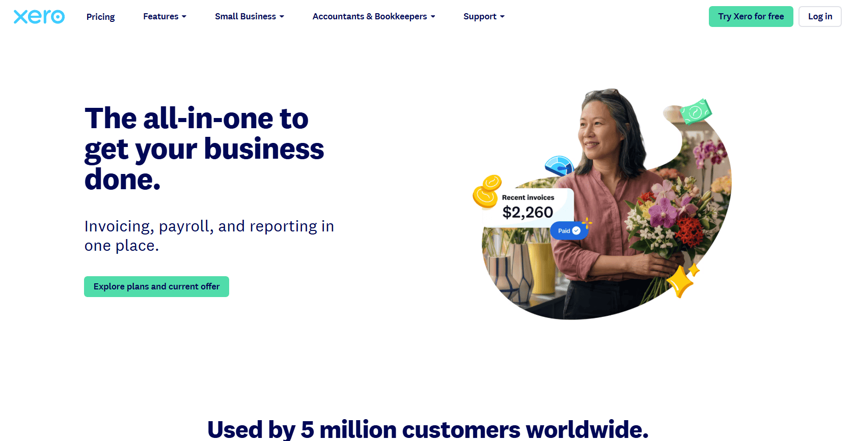 Xero homepage showing invoicing, payroll, and reporting features