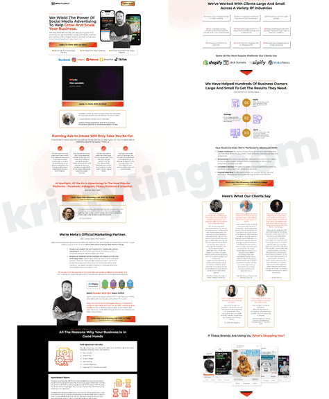 Dark and orange landing page for a social media advertising agency with an Apply to Work With Us button, client testimonials, a three-step process, and a founder introduction.
