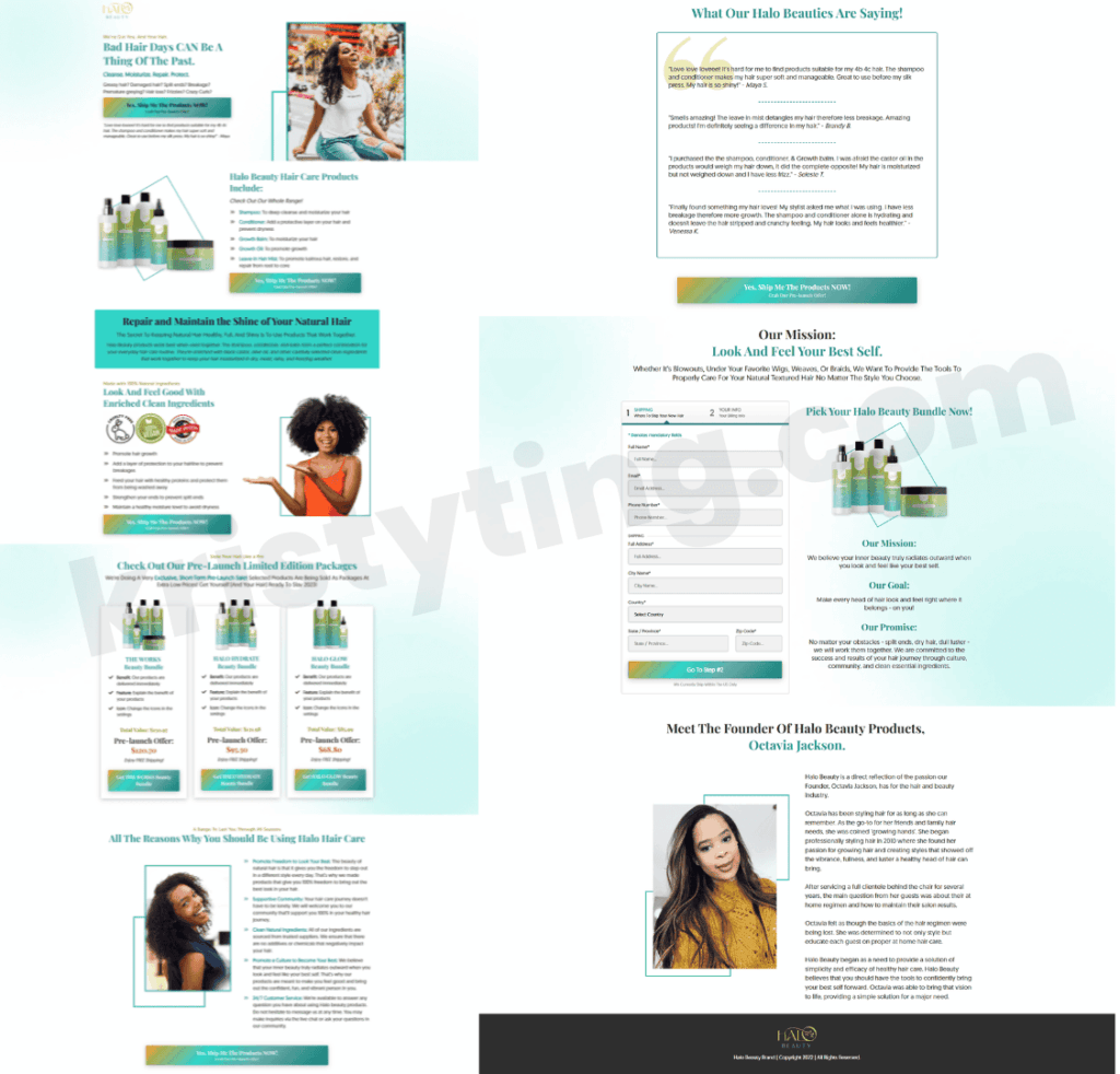 Teal and white pre-launch landing page for a hair care brand with a smiling woman, product bottles, three limited edition bundles with prices, customer reviews, and an order form.