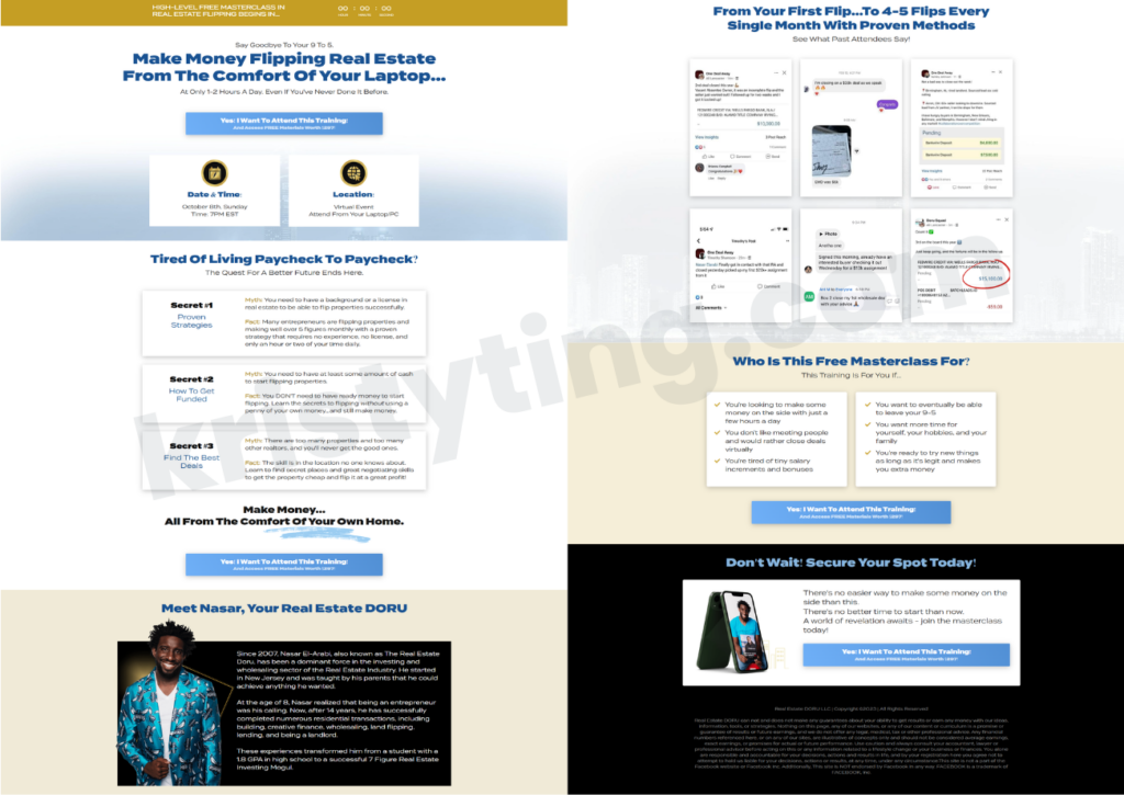 Registration landing page for a free real estate flipping masterclass with a countdown timer bar, date and time boxes, three myth-versus-fact cards, social proof screenshots, and a sign-up button.