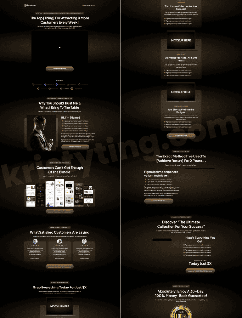 Dark and gold low-ticket offer page, one of the Freelance Funnel Builder Examples, with a video block, customer testimonials, laptop mockups, a Grab Everything for Just $X price section, and a money-back guarantee.