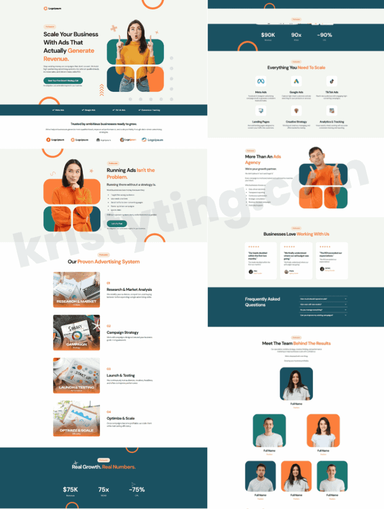Teal and orange landing page for an advertising agency with the headline Scale Your Business With Ads That Actually Generate Revenue, a woman pointing at a Book Your Free Growth Strategy Call button, a four-step advertising process, results numbers, testimonials, an FAQ section, and a team section.