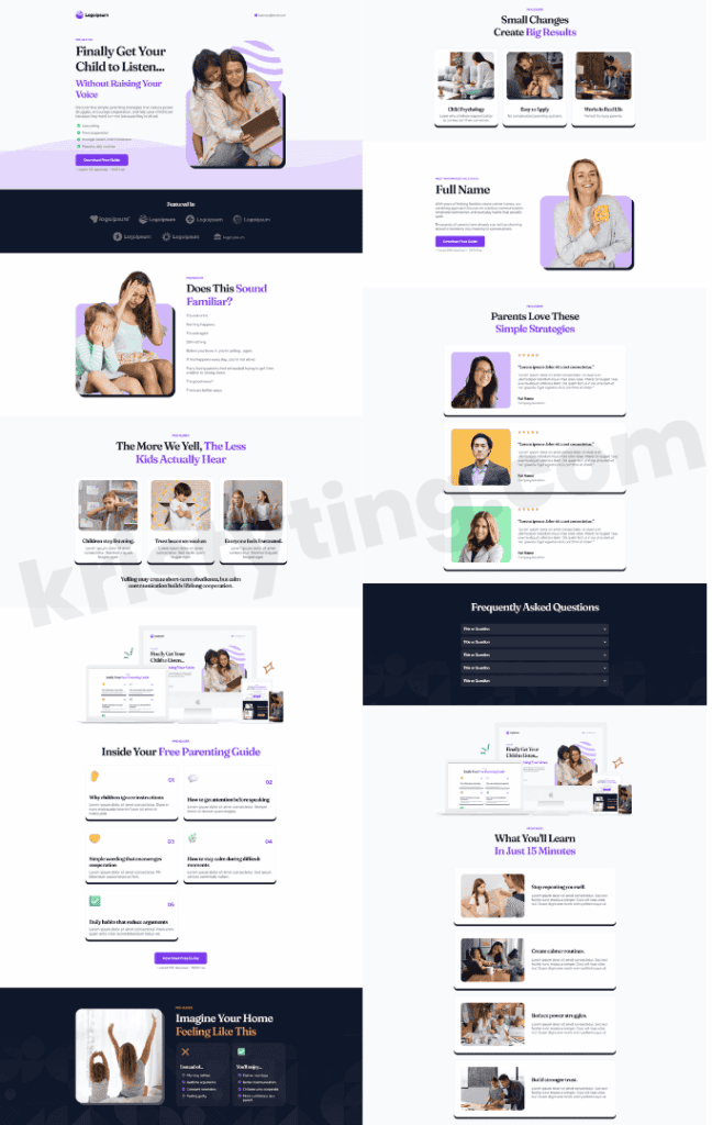 Landing page for a free parenting guide with the headline Finally Get Your Child to Listen, a smiling mother and child, a download button, and sections covering common problems and what is inside the guide.