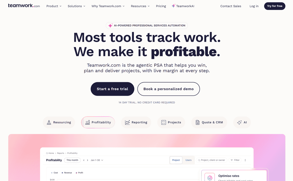 Teamwork.com homepage featuring the headline “Most tools track work. We make it profitable,” with project profitability and reporting interface previews.