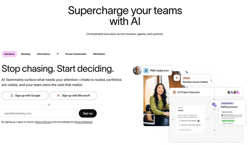 ClickUp Alternative: Asana homepage showing the headline “Supercharge your teams with AI,” a sign-up form, and illustrations of project requests and AI workflows.