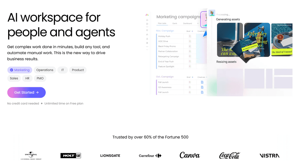monday.com homepage displaying the headline “AI workspace for people and agents,” alongside a visual project board and AI-generated marketing assets.