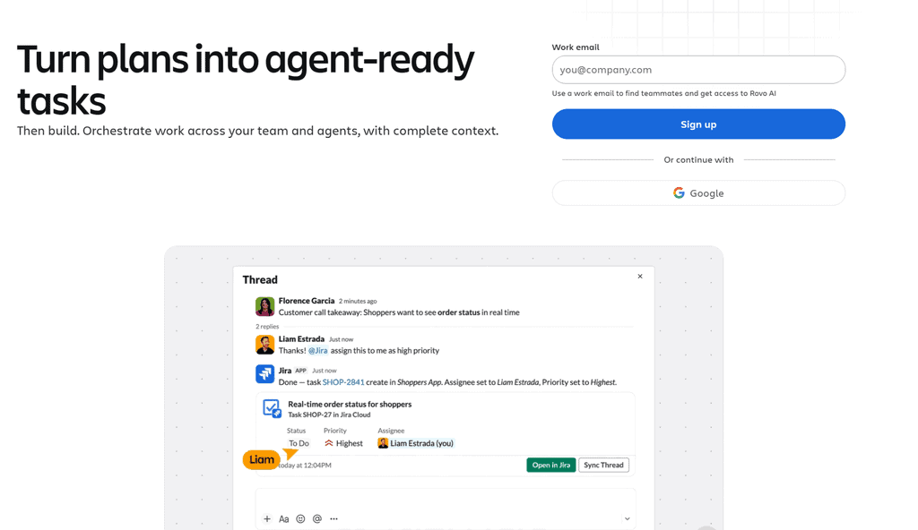 Jira homepage displaying the headline “Turn plans into agent-ready tasks,” with a sign-up form and a preview of a task conversation integrated with Slack.