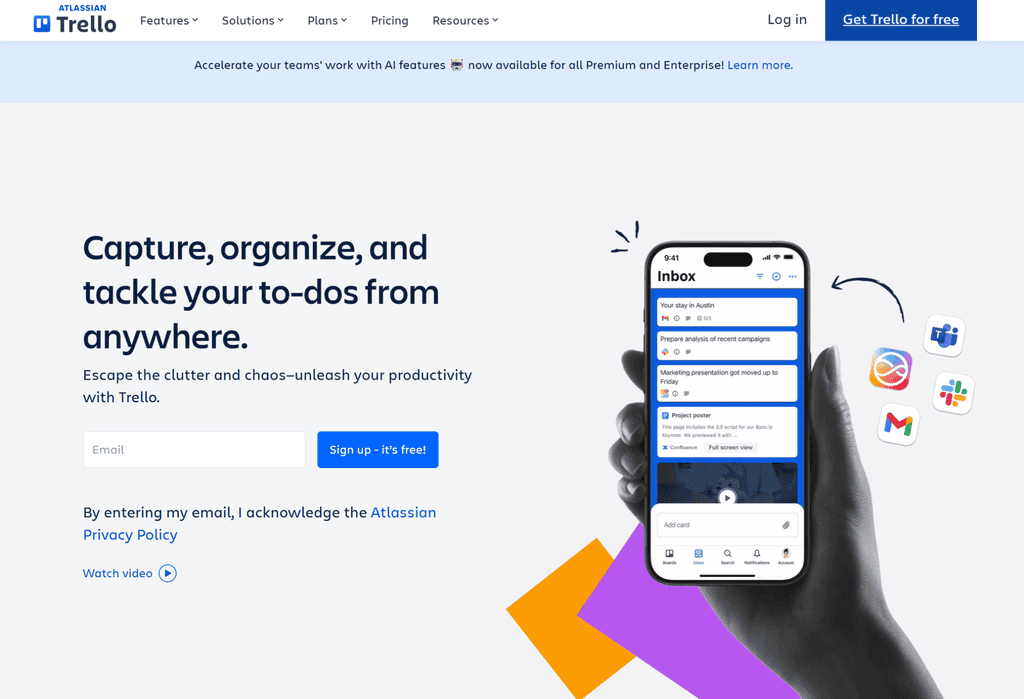 Trello homepage showing a mobile task-management interface with an inbox, to-do cards, and integrations, beside the headline “Capture, organize, and tackle your to-dos from anywhere.”