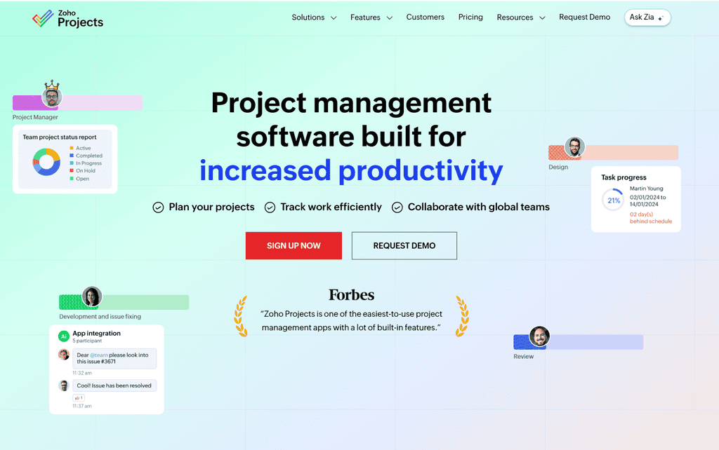 Zoho Projects homepage featuring a green and blue background, project status graphics, task progress indicators, and the headline “Project management software built for increased productivity.”