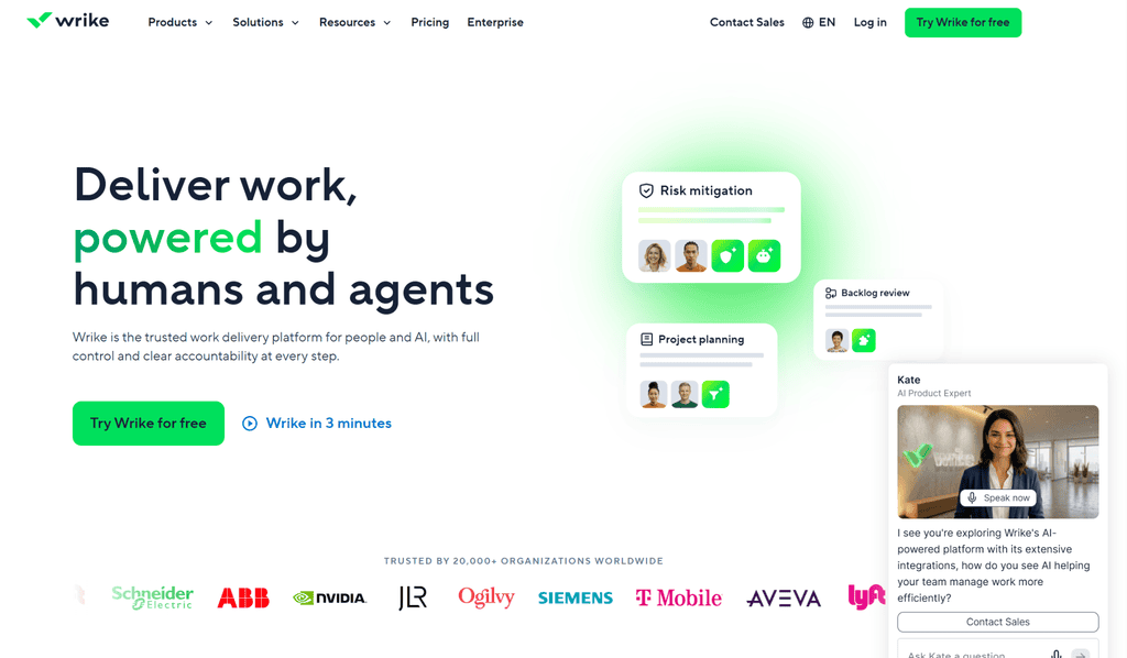 Wrike homepage displaying the headline “Deliver work, powered by humans and agents,” with illustrations of risk mitigation, project planning, and AI assistance.