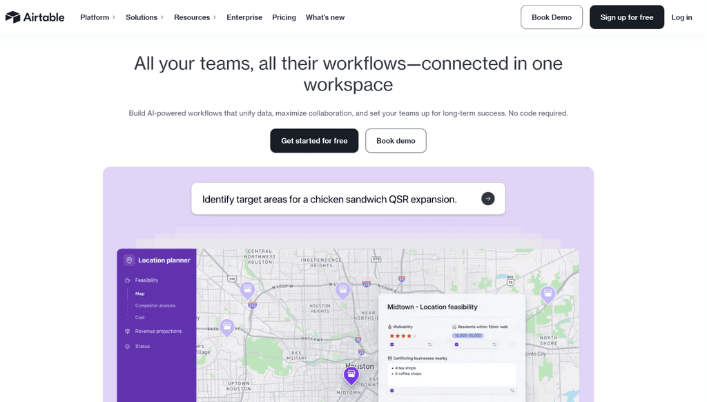 Airtable homepage featuring the headline “All your teams, all their workflows—connected in one workspace,” above a map-based location planning interface.